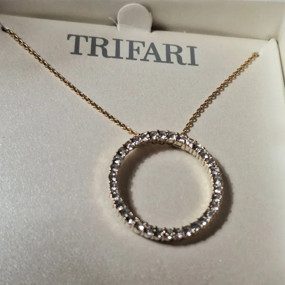Trifari Circle Pendant Necklace Eternity Link Crystals on Goldtone Chain, Boxed